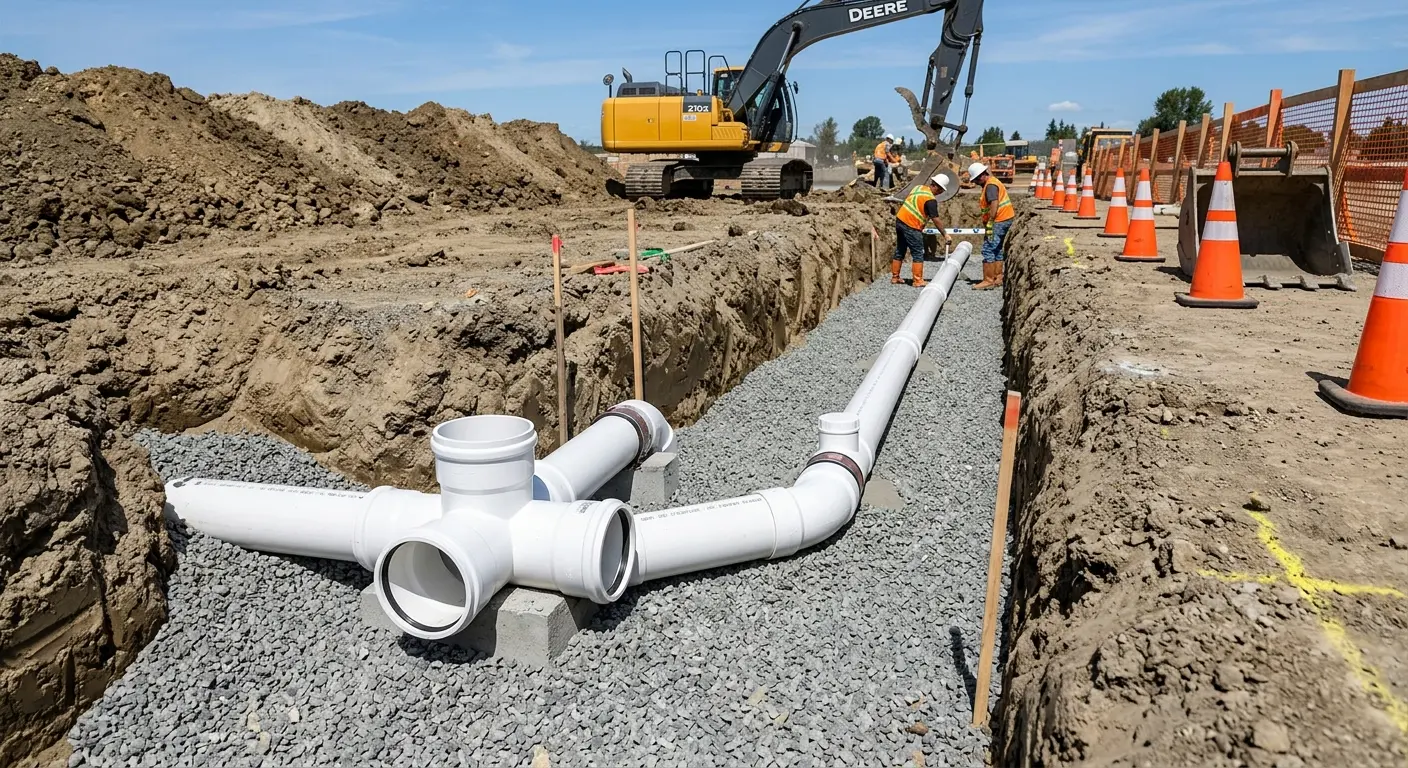 New PVC sewer pipe installation in open trench for Commercial Drain Cleaning in South Brooksville