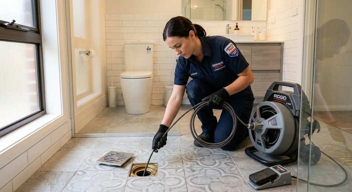 Technician clearing a bathroom floor drain for Drain Cleaning in South Brooksville